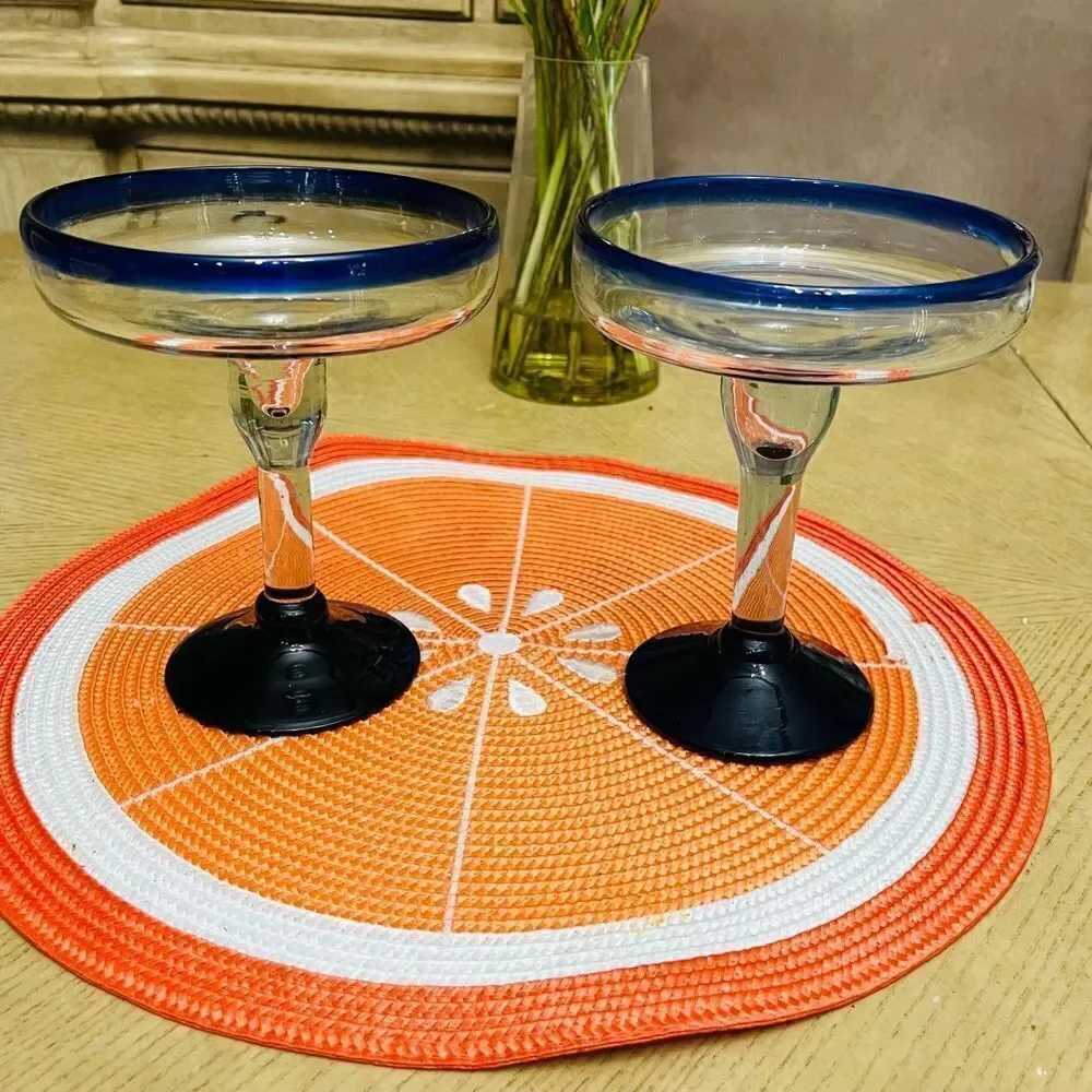 Mexican Hand Blown Margarita Glasses Cobalt Blue Rim Set of Two